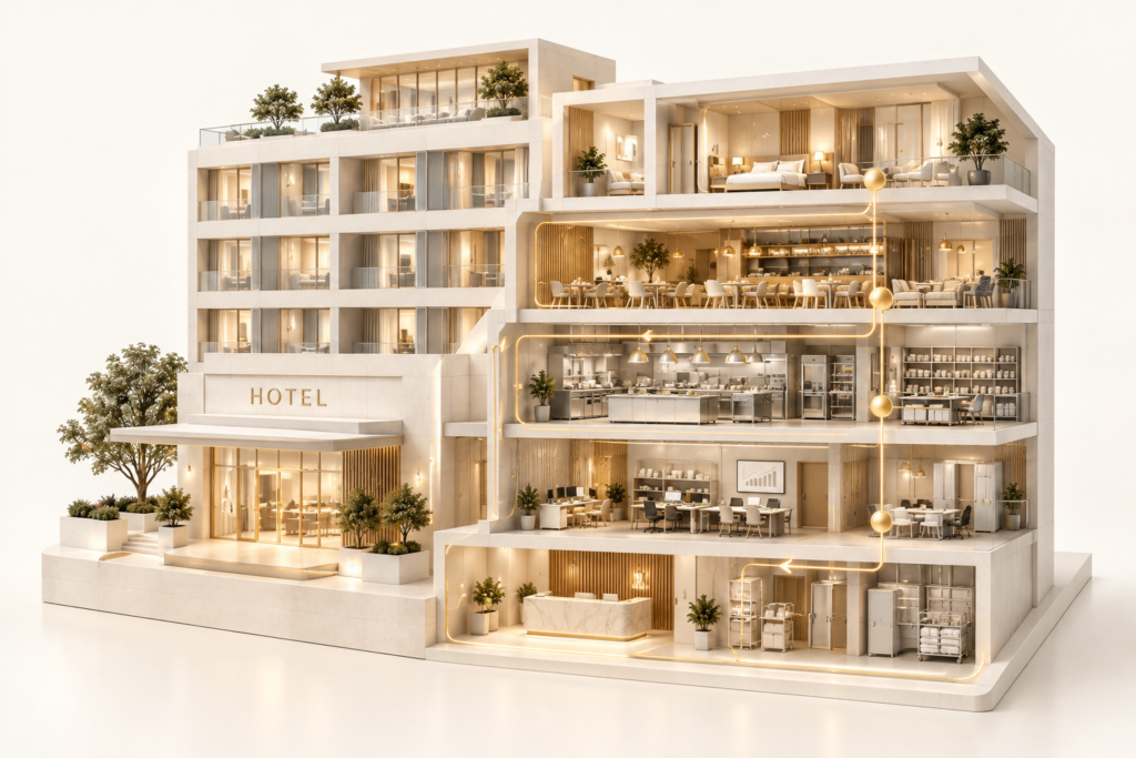 Modern Hotel Cutaway with Golden Connections